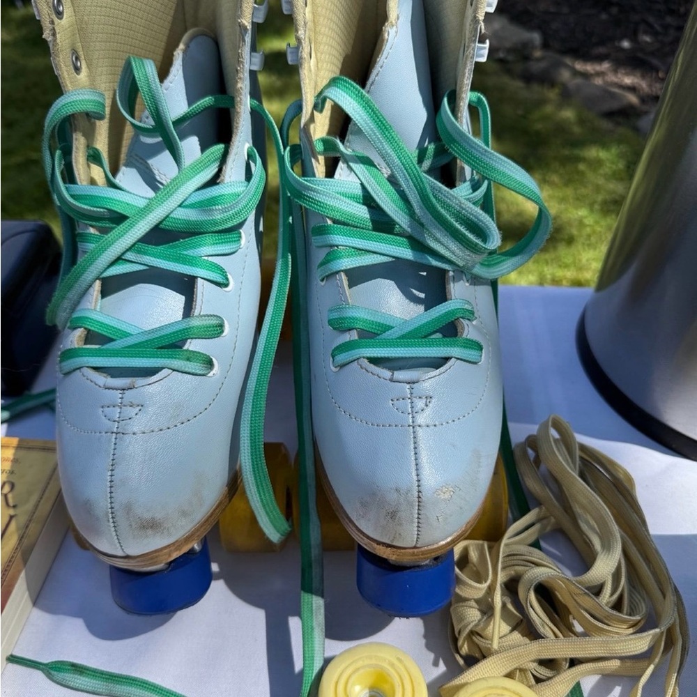 Blue Roller Skates with Green Laces